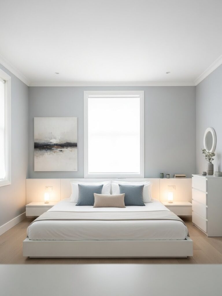 Soft gray and white bedroom palette with clean modern interior design