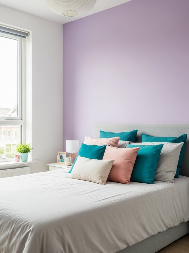 Soft lilac bedroom with light neutrals and colorful decor