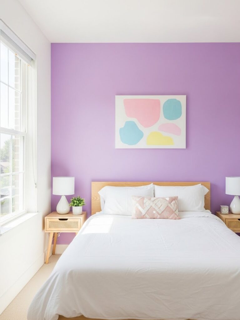 Soft lilac and white bedroom with light airy aesthetic