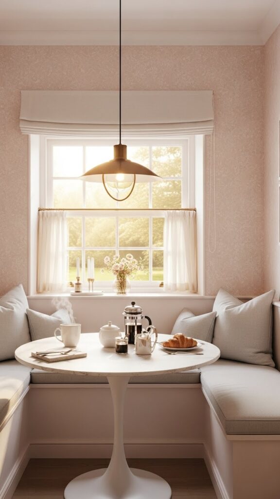 Soft pale pink wallpaper in charming kitchen breakfast nook