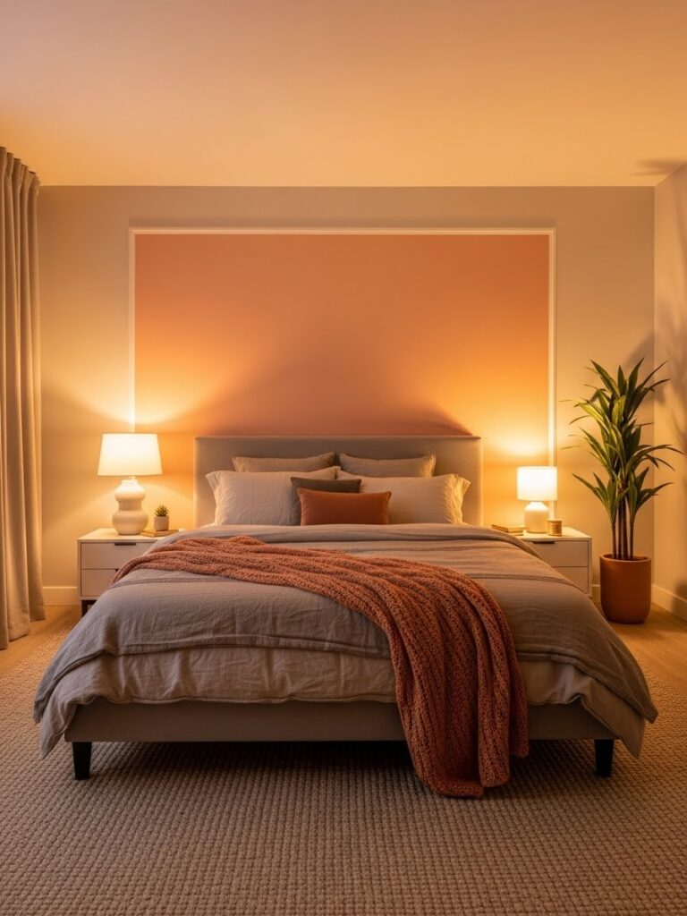 Soft peach and neutral modern bedroom color palette with a warm full room view