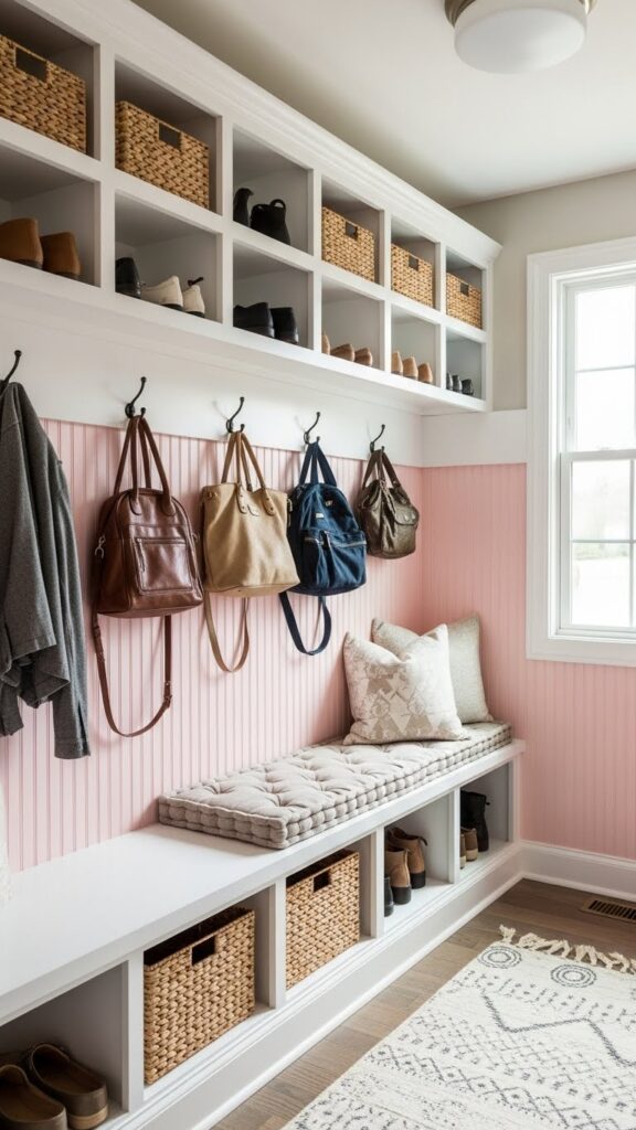 Soft pink beadboard wallpaper in functional organized mudroom