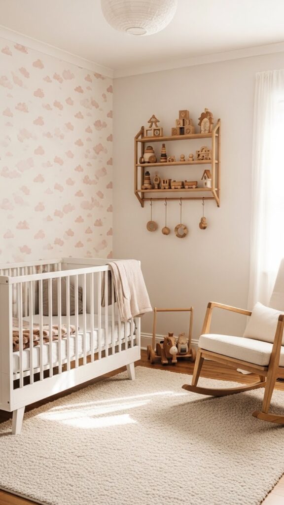 Soft pink cloud wallpaper in peaceful baby nursery with white crib