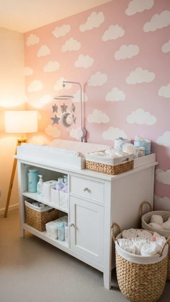 Soft pink cloud wallpaper in gentle nursery changing area