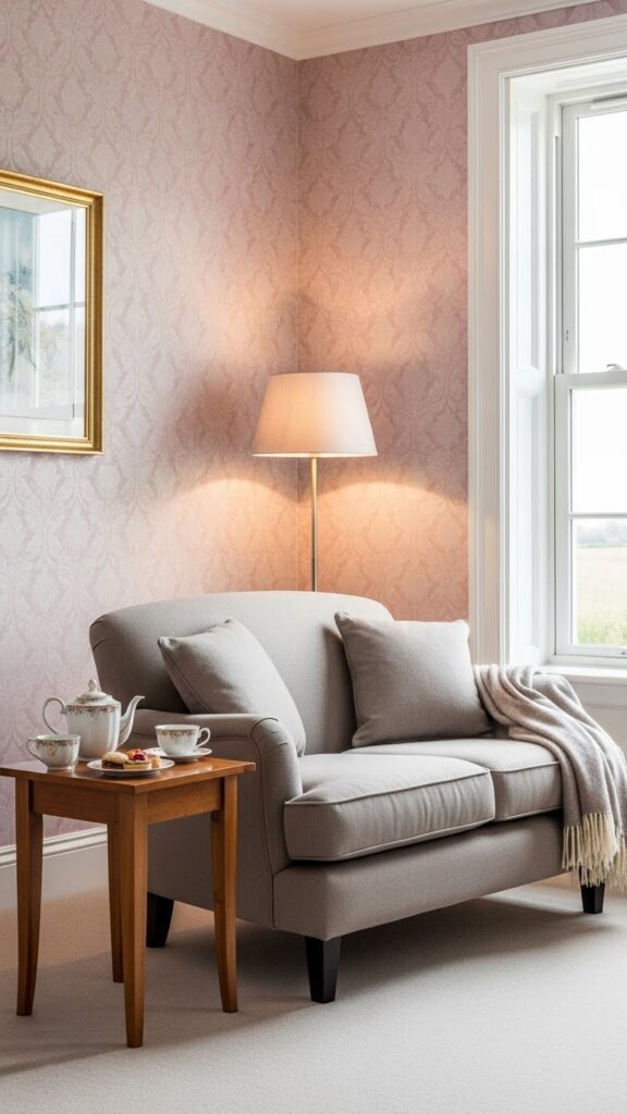 Soft pink damask wallpaper in peaceful sitting room retreat