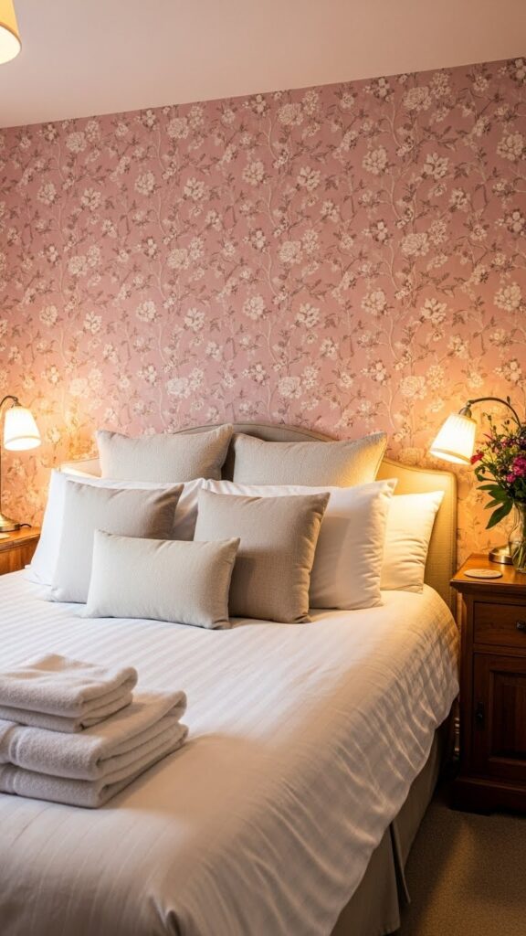 Soft pink floral wallpaper in welcoming guest bedroom with hotel comfort