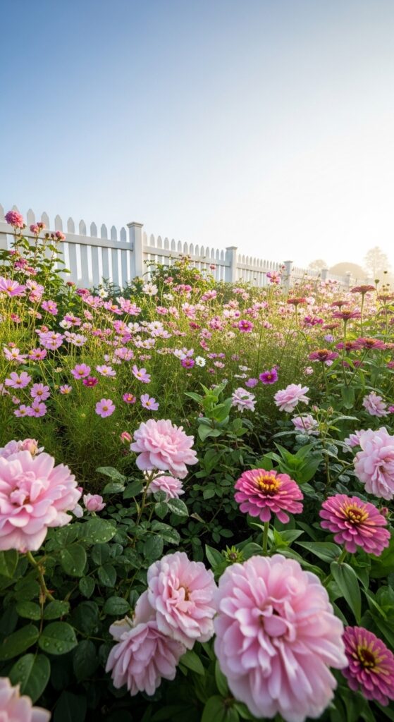 Soft pink roses, cosmos, and zinnias creating romantic cottage garden paradise
