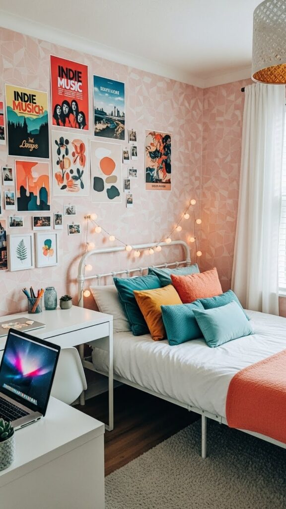 Soft pink geometric wallpaper in trendy teen bedroom with desk area