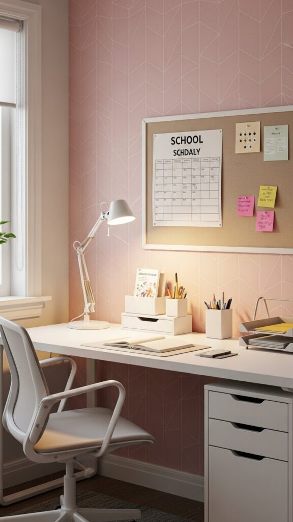 Soft pink geometric wallpaper in productive teen study area