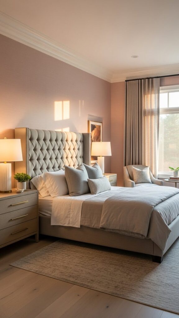 Soft pink grasscloth wallpaper in luxurious primary bedroom sanctuary