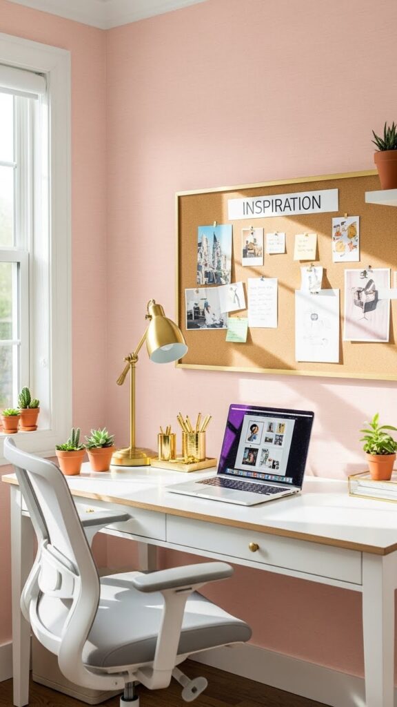Soft pink linen wallpaper in bright home office workspace