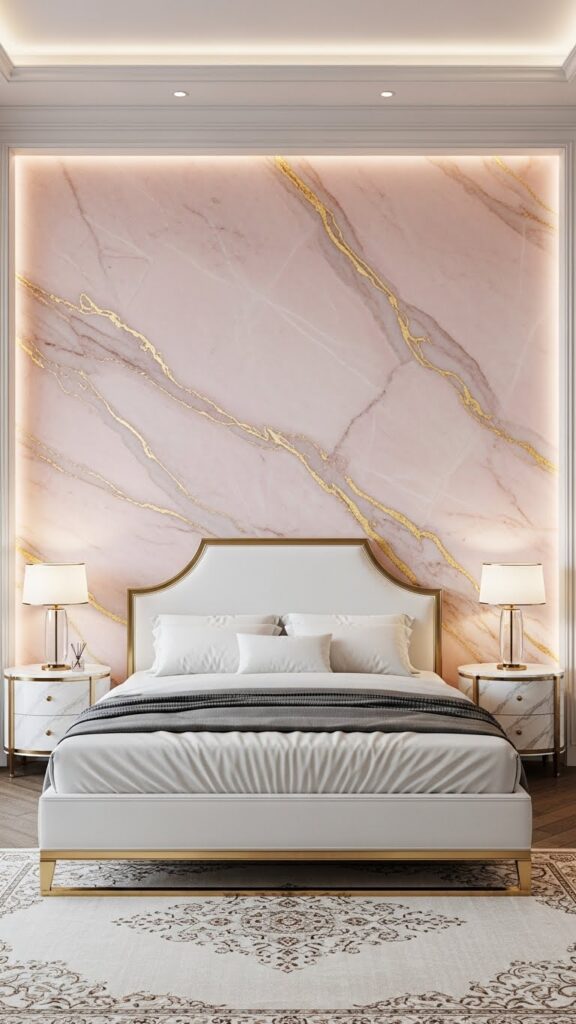 Soft pink marble wallpaper with gold veining in elegant spa-like bedroom