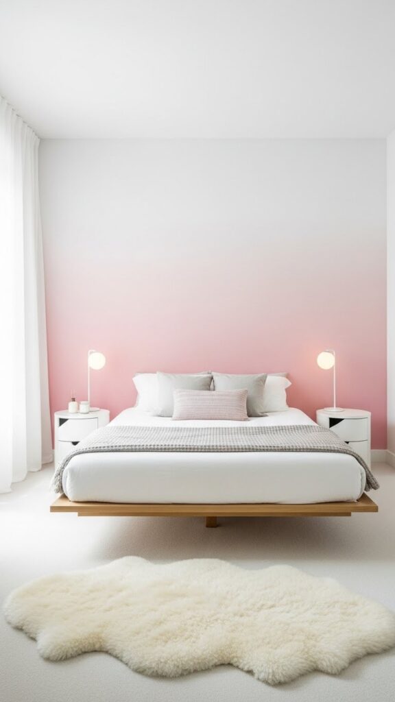 Soft pink ombre gradient wallpaper accent wall fading to white in dreamy bedroom