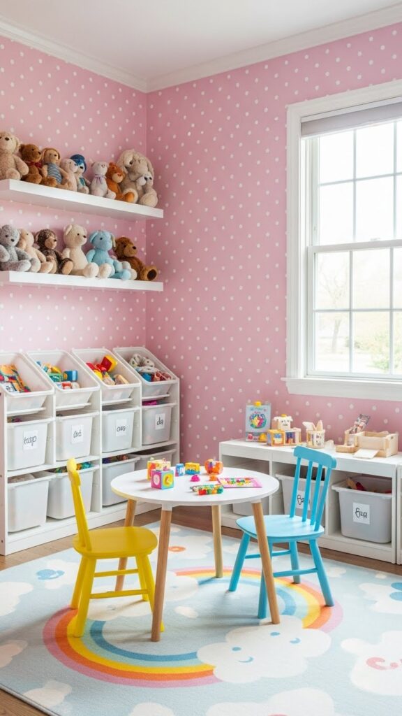 Soft pink polka dot wallpaper in organized kids playroom