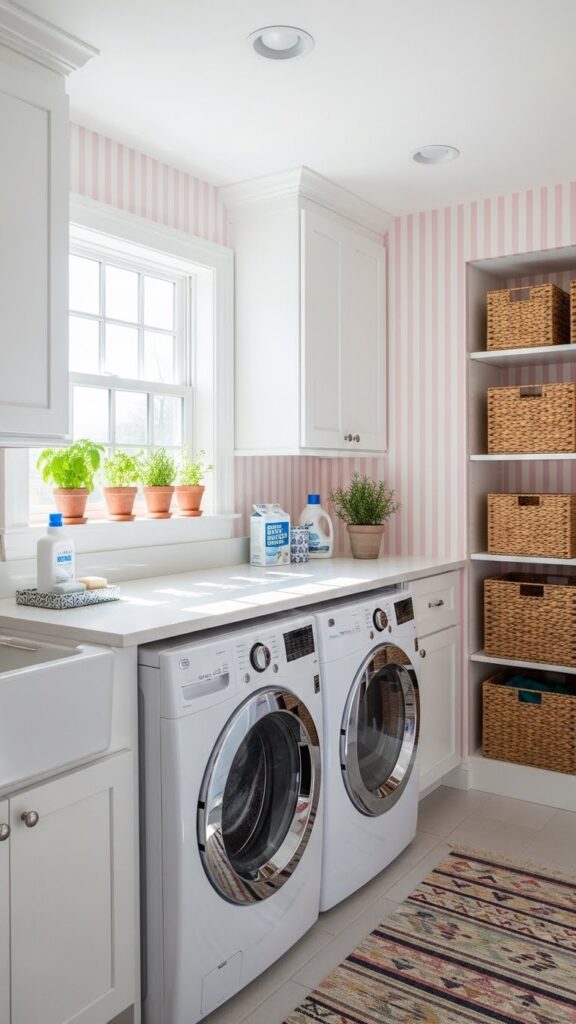 Soft pink striped wallpaper in bright cheerful laundry room