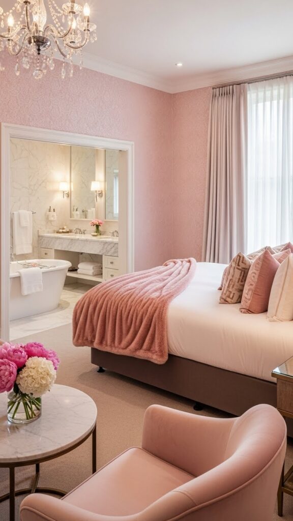 Soft pink textured wallpaper in luxurious guest suite with seating area
