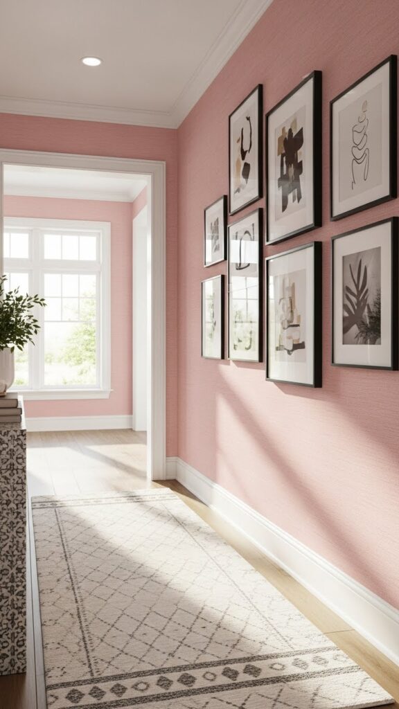 Soft pink textured wallpaper in bright hallway with gallery wall