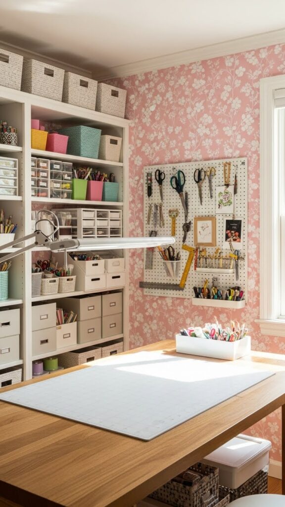 Soft pink wallpaper in organized craft room with white shelving