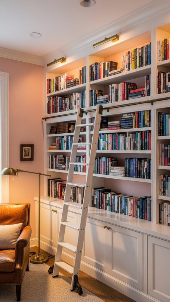 Soft pink wallpaper in sophisticated home library with built-in bookshelves