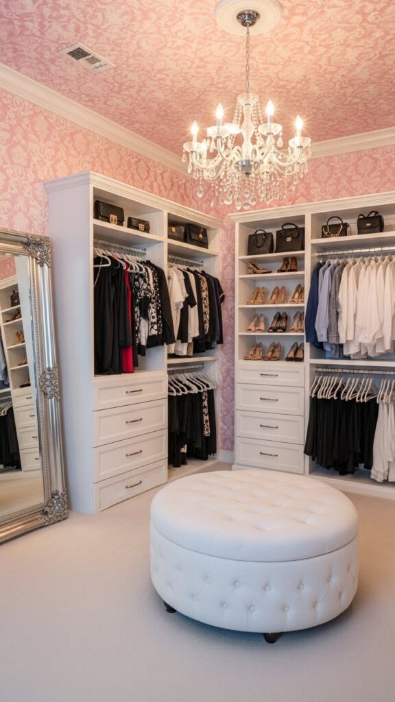 Soft pink wallpaper in luxurious walk-in closet dressing room
