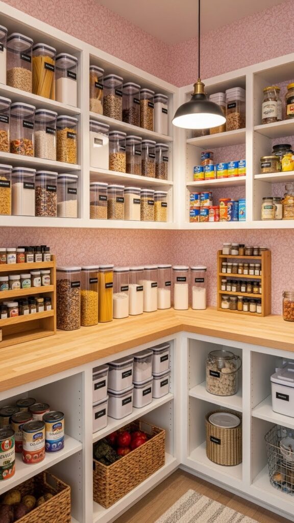  Soft pink wallpaper in organized walk-in pantry with white shelving