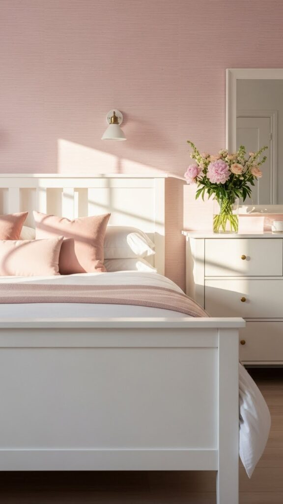 Soft pink textured wallpaper bedroom with white furniture and crisp bedding