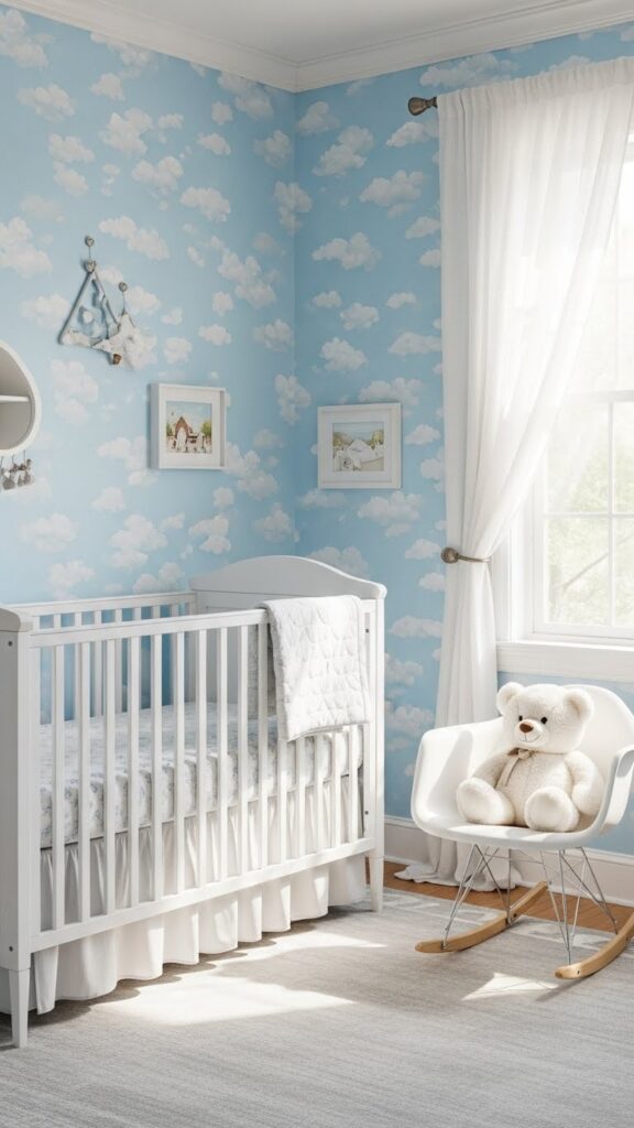 Soft sky blue cloud wallpaper in peaceful nursery bedroom with white crib