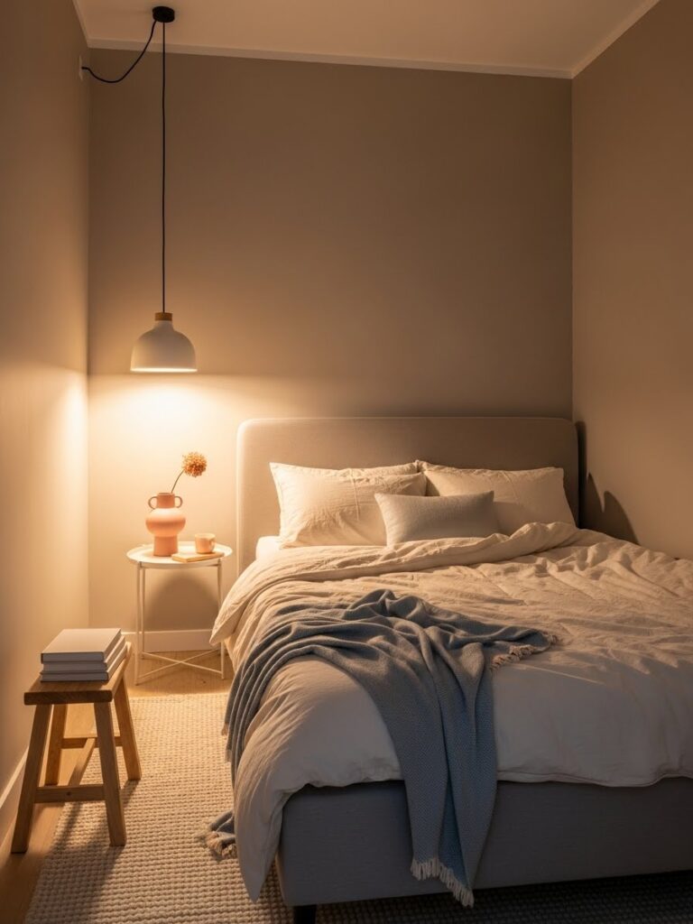 Soft taupe bedroom color ideas for small rooms with cozy modern full room view