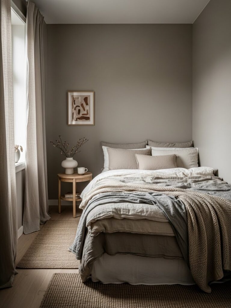 Modern taupe bedroom palette designed to keep small rooms warm and spacious