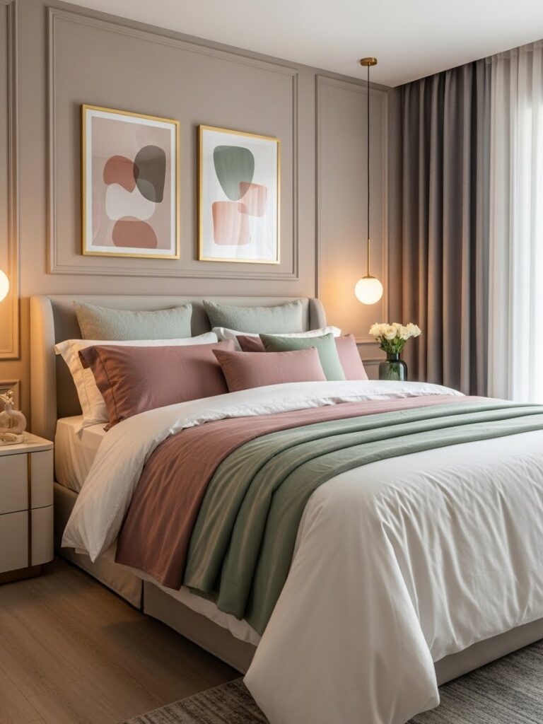 Soft taupe and cream bedroom with layered colorful decor