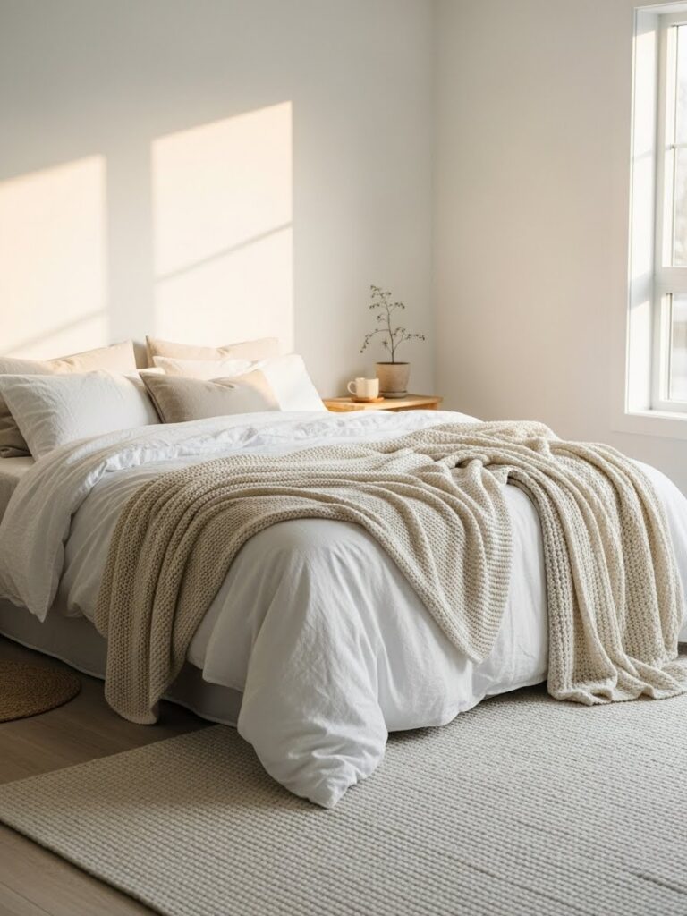 Minimalist white bedroom with soft textures and warm neutral details
