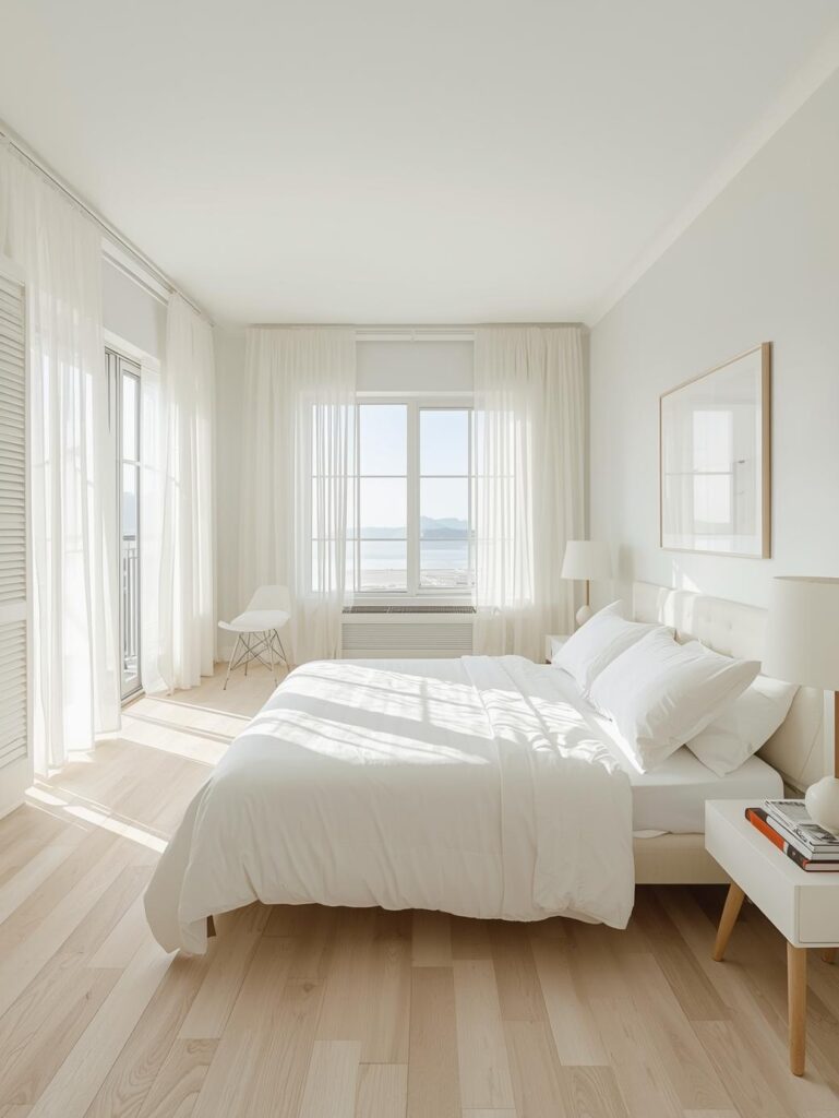 Soft white bedroom with natural light, sheer curtains, and an airy, open layout