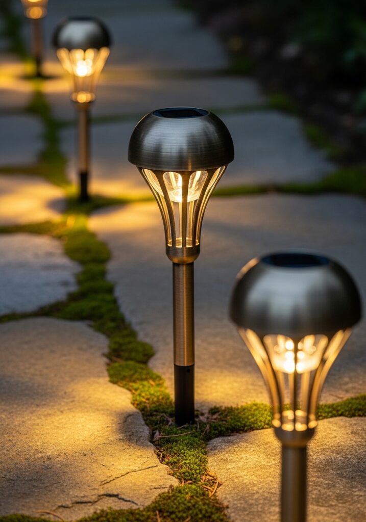 Modern solar pathway lights with bronze finish creating ambient garden lighting along stone walkway