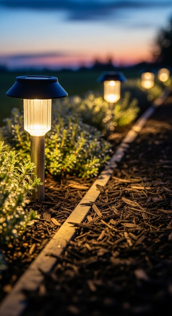Solar pathway lights creating warm glow along garden border at twilight