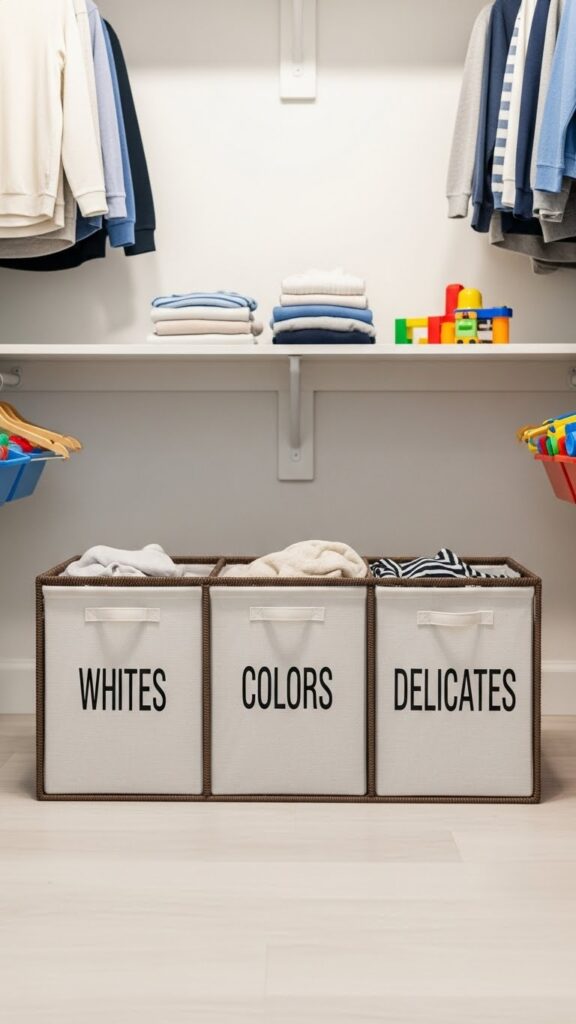 Multi-section laundry hamper in kids closet for pre-sorting dirty clothes by category