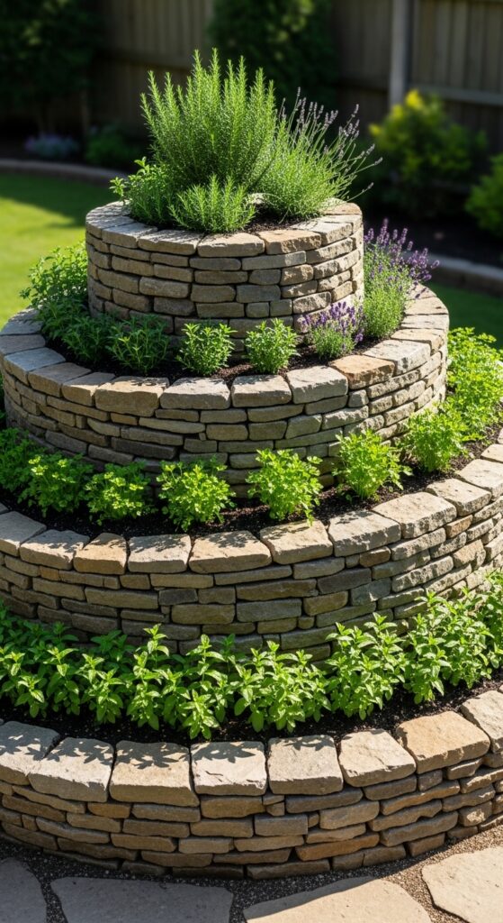 Spiral-shaped raised herb garden built with stacked stone featuring multiple herb varieties
