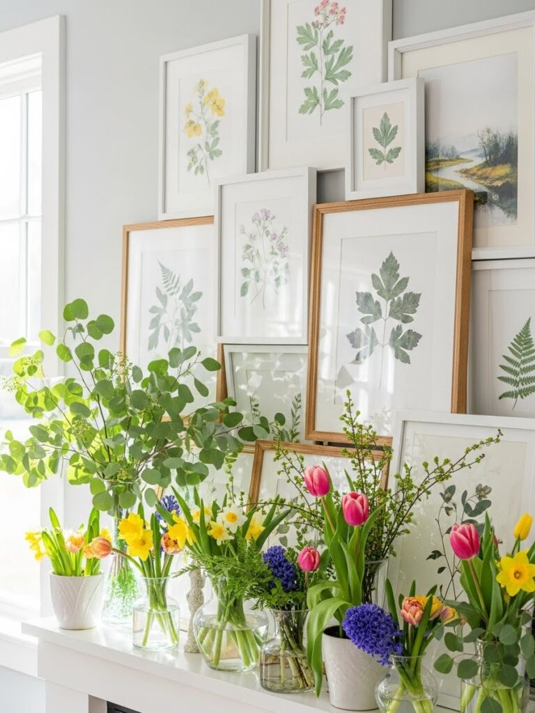 Spring-inspired art prints styled on a fireplace mantel
