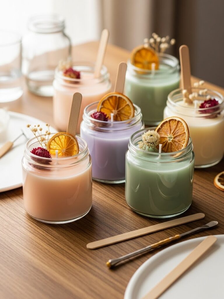 Spring candle-making craft for adults using pastel colors and floral accents