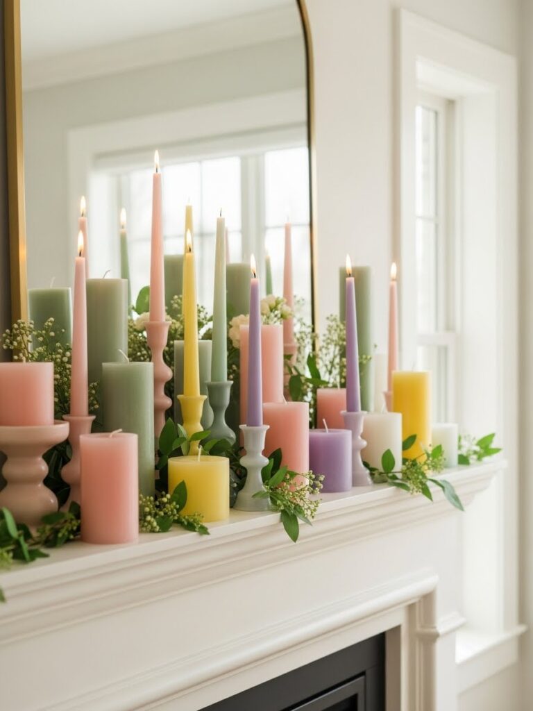 Spring candles styled on a fireplace mantel with soft colorful accents
