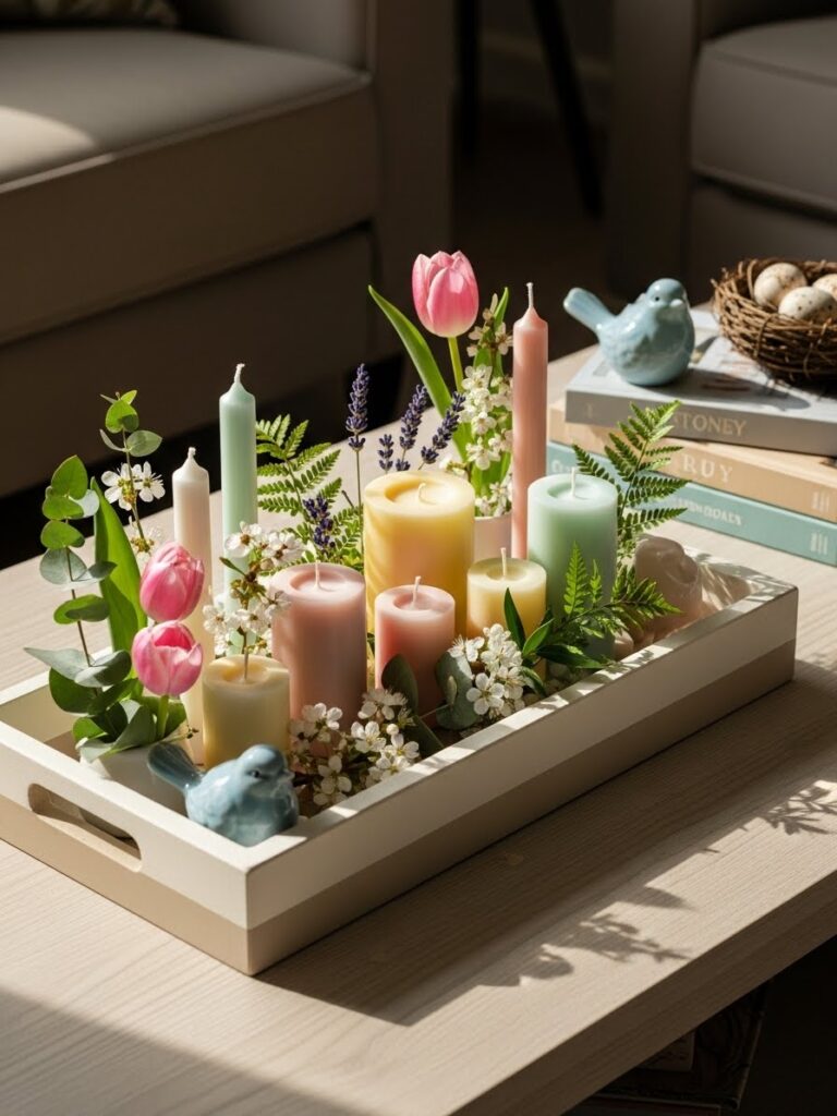 Handmade decorative tray styled with spring craft accents for adults