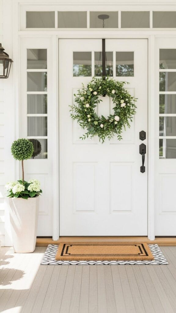 Spring wreath decorating a front door as part of porch decor
