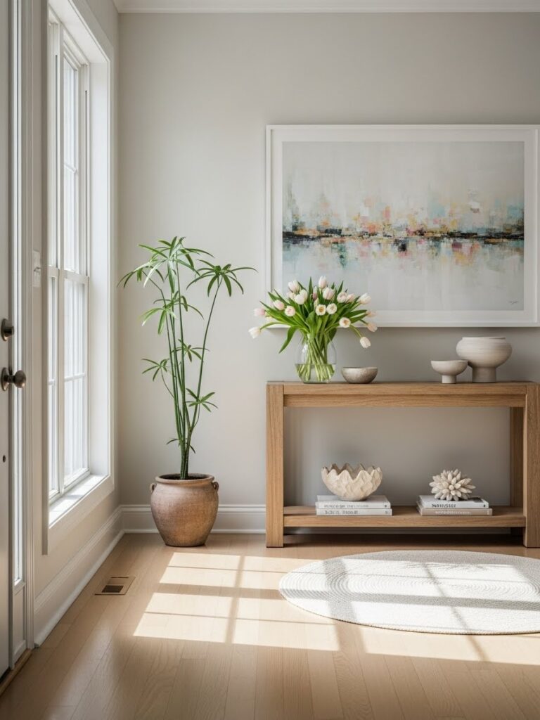 Welcoming spring entryway styled with simple decor