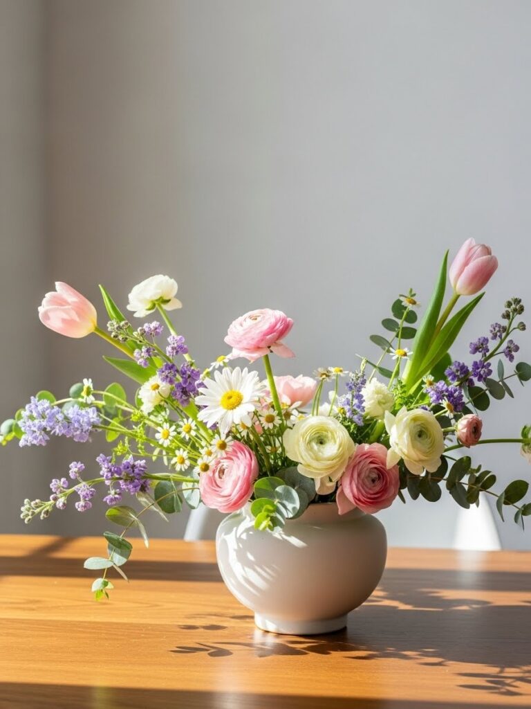 Adult spring floral arrangement craft with soft pastel flowers and greenery