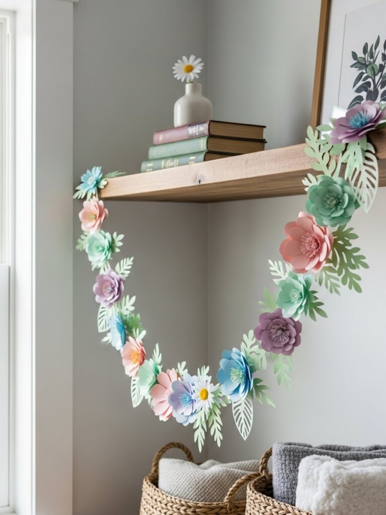 DIY spring garland crafted with paper flowers and soft colors
