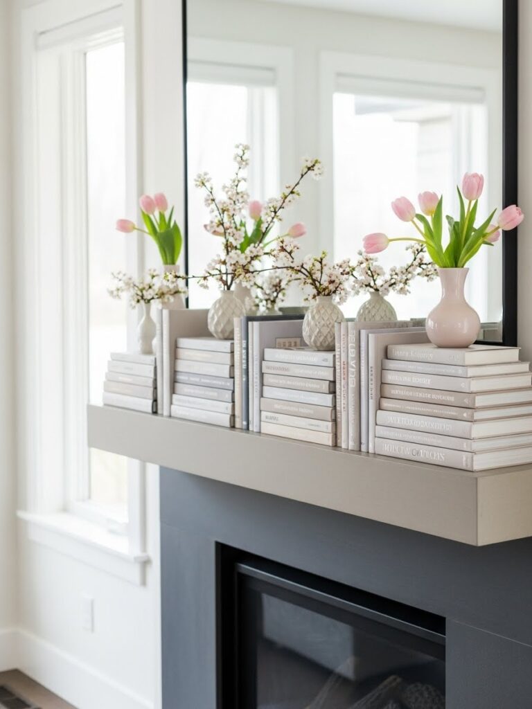 Soft color books styled as decorative accents on a spring mantel