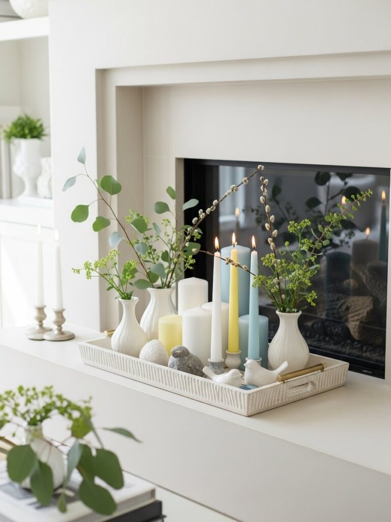 Decorative tray styled on a spring mantel with candles and greenery