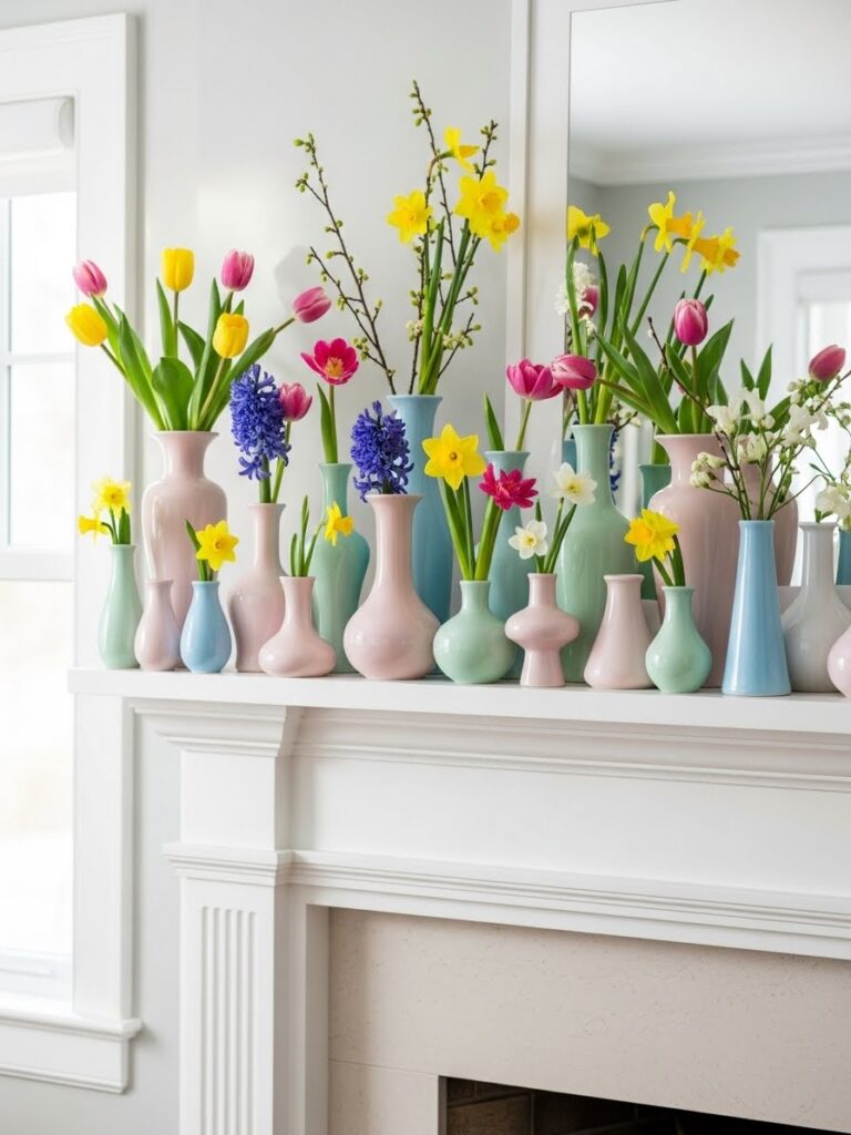 Spring mantel decorated with vases in different heights and soft colors
