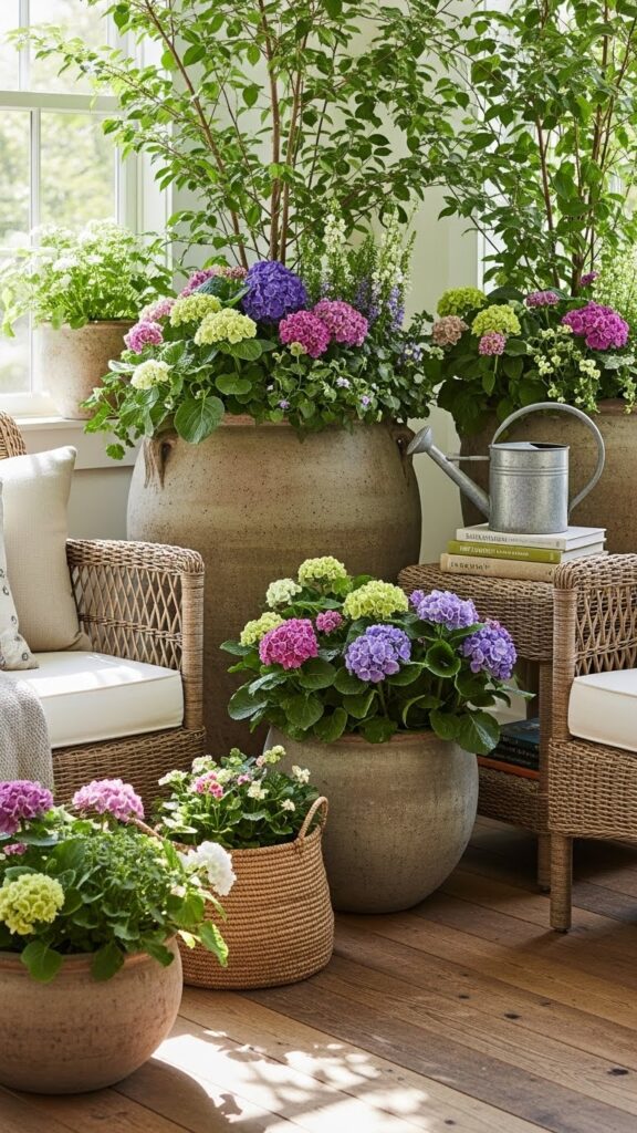 Statement planters decorating a spring porch corner