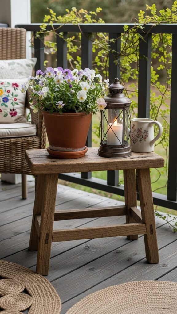 Decorative stool used in spring porch decor with plants and lantern
