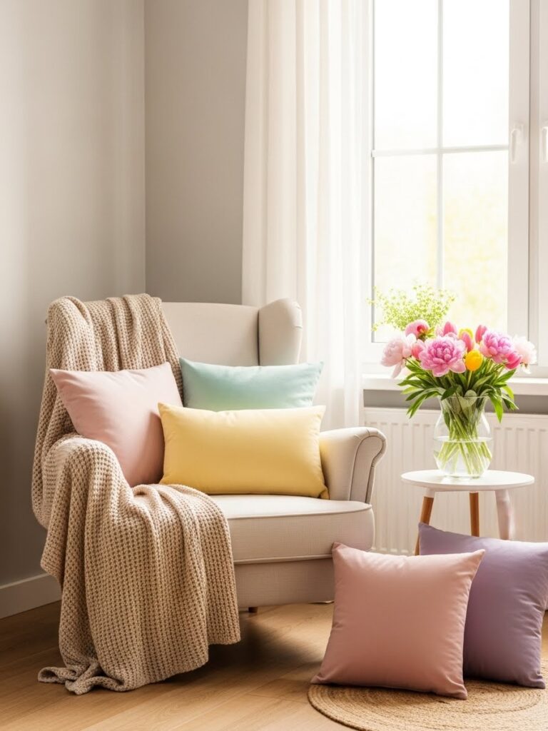 Cozy reading corner styled with pastel pillows and spring flowers indoors